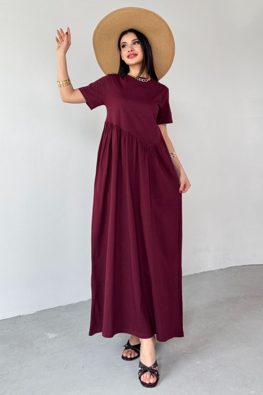 ELB-01763 Bordo Bel Pile Detaylı KIsa Kol Midi Boy Elbise