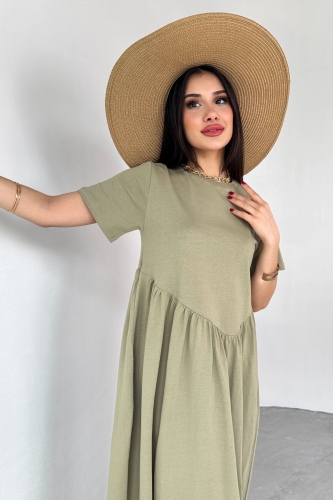 Cappmoda - ELB-01763 Haki Bel Pile Detaylı KIsa Kol Midi Boy Elbise (1)