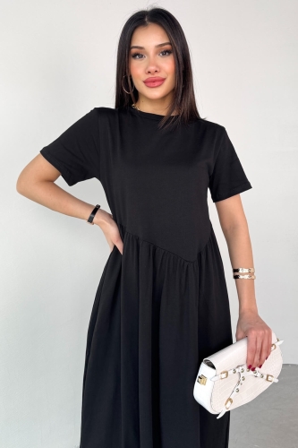 Cappmoda - ELB-01763 Siyah Bel Pile Detaylı KIsa Kol Midi Boy Elbise (1)