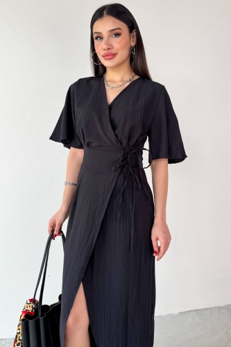 Cappmoda - ELB-01765 Siyah Çapraz Bel Bağlamalı Kısa Kollu V Yaka Uzun Elbise (1)