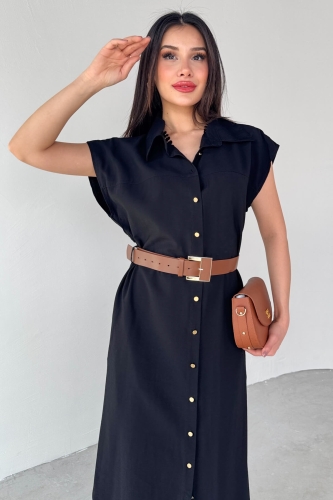 Cappmoda - ELB-01766 Siyah Gold Düğme Taba Kemerli Viscon Kumaş Uzun Elbise (1)