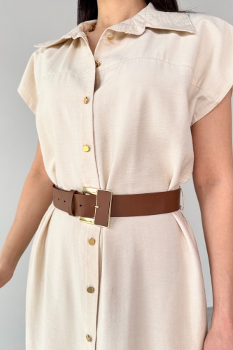 Cappmoda - ELB-01766 Taş Rengi Gold Düğme Taba Kemerli Viscon Kumaş Uzun Elbise (1)