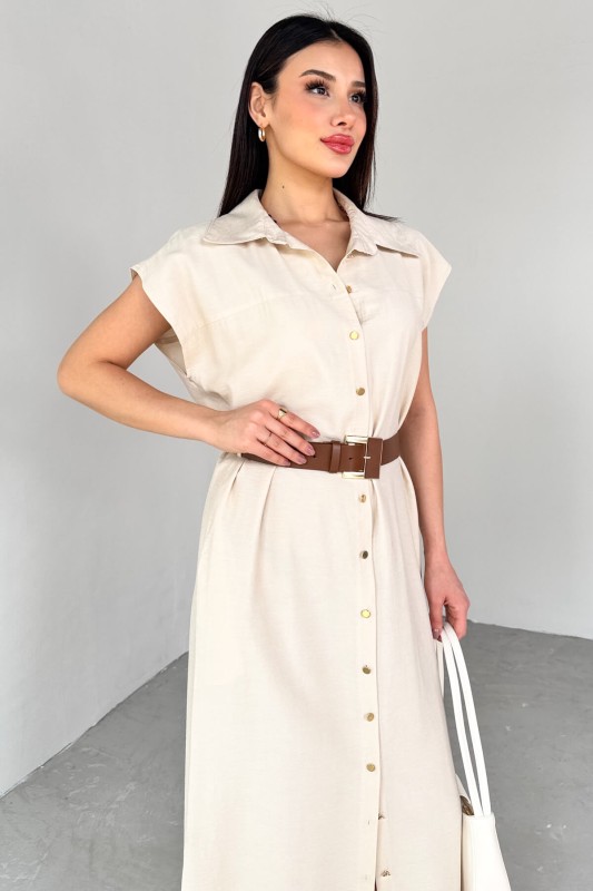 ELB-01766 Taş Rengi Gold Düğme Taba Kemerli Viscon Kumaş Uzun Elbise