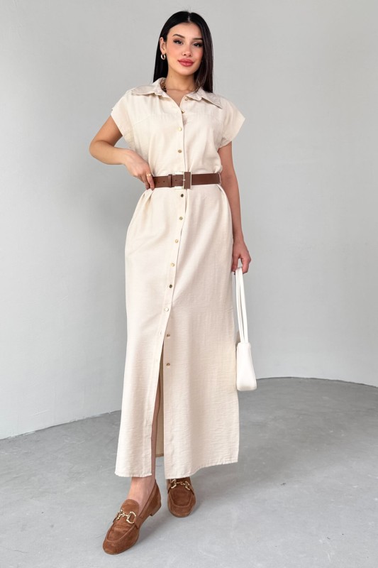 ELB-01766 Taş Rengi Gold Düğme Taba Kemerli Viscon Kumaş Uzun Elbise