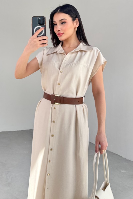 ELB-01766 Taş Rengi Gold Düğme Taba Kemerli Viscon Kumaş Uzun Elbise