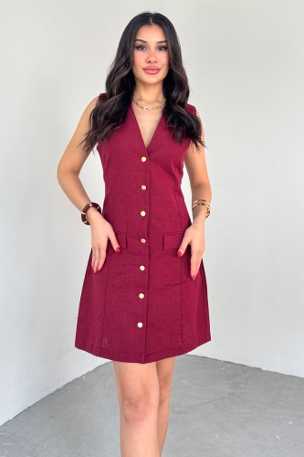 Cappmoda - ELB-01768 Bordo Gold Düğme Detaylı Sıfır Kol Gömlek Elbise (1)