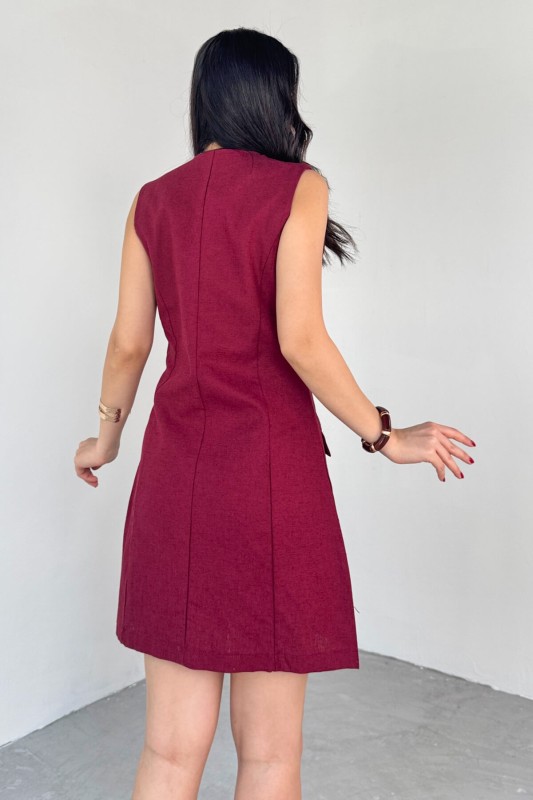 ELB-01768 Bordo Gold Düğme Detaylı Sıfır Kol Gömlek Elbise