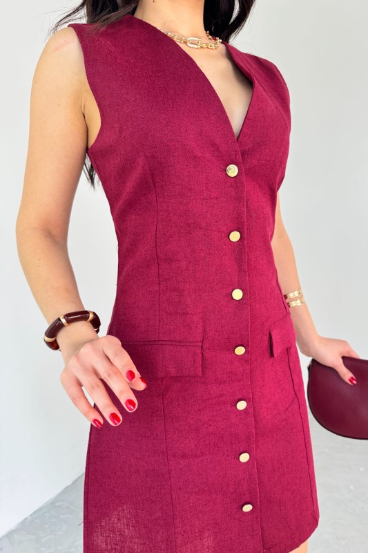 ELB-01768 Bordo Gold Düğme Detaylı Sıfır Kol Gömlek Elbise