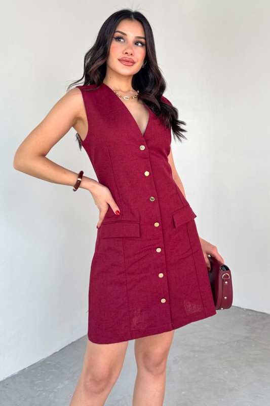ELB-01768 Bordo Gold Düğme Detaylı Sıfır Kol Gömlek Elbise