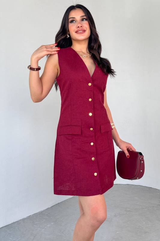 ELB-01768 Bordo Gold Düğme Detaylı Sıfır Kol Gömlek Elbise