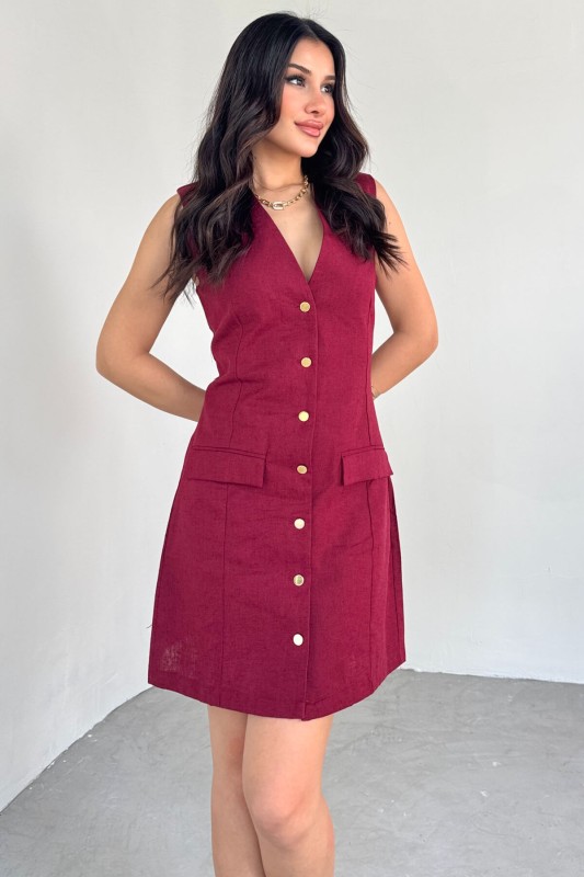 ELB-01768 Bordo Gold Düğme Detaylı Sıfır Kol Gömlek Elbise