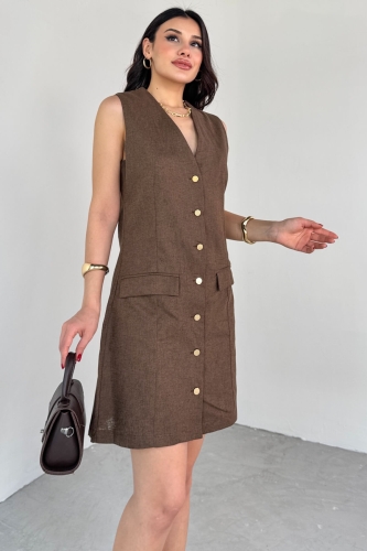 Cappmoda - ELB-01768 Kahverengi Gold Düğme Detaylı Sıfır Kol Gömlek Elbise (1)