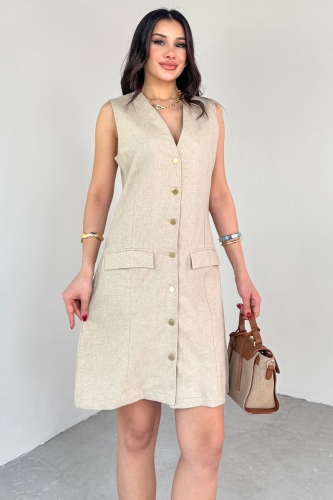 Cappmoda - ELB-01768 Taş Rengi Gold Düğme Detaylı Sıfır Kol Gömlek Elbise (1)