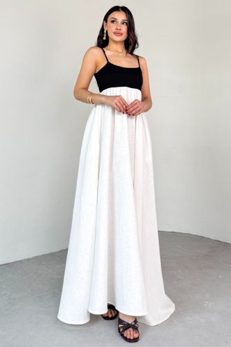 Cappmoda - ELB-01769 Siyah Ayarlanabilir Askılı Beyaz Robadan Elbise (1)