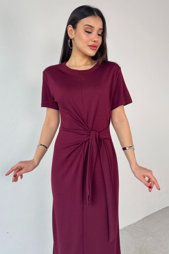 Cappmoda - ELB-01771 Bordo Belden Bağlamalı Kısa Kol Uzun Elbise (1)
