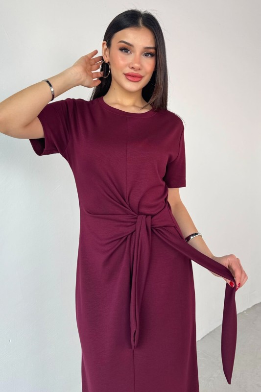 ELB-01771 Bordo Belden Bağlamalı Kısa Kol Uzun Elbise