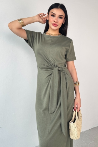Cappmoda - ELB-01771 Haki Belden Bağlamalı Kısa Kol Uzun Elbise (1)