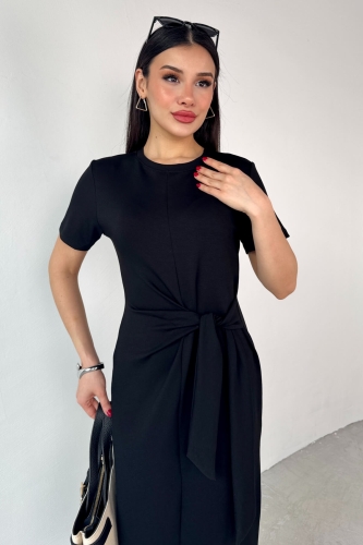 Cappmoda - ELB-01771 Siyah Belden Bağlamalı Kısa Kol Uzun Elbise (1)