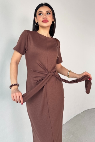 Cappmoda - ELB-01771 Taba Belden Bağlamalı Kısa Kol Uzun Elbise (1)