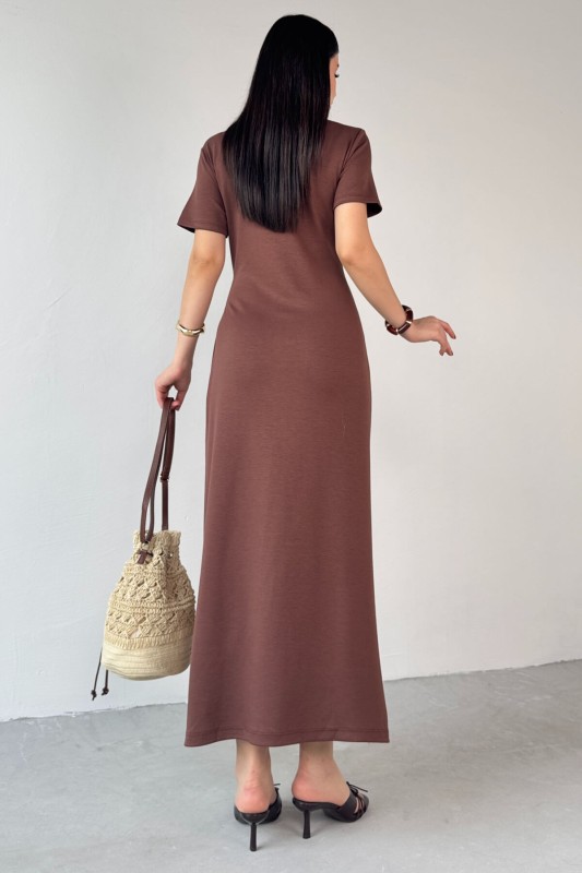 ELB-01771 Taba Belden Bağlamalı Kısa Kol Uzun Elbise