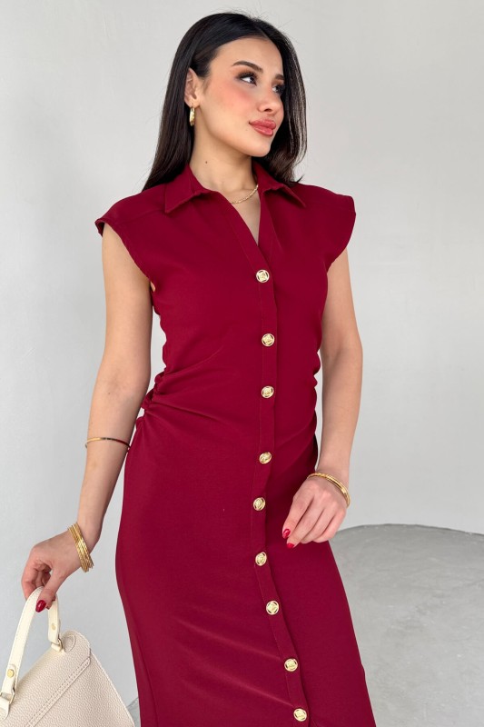 ELB-01772 Bordo Yandan Fermuarlı Gold Düğmeli Elbise