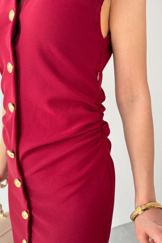 ELB-01772 Bordo Yandan Fermuarlı Gold Düğmeli Elbise