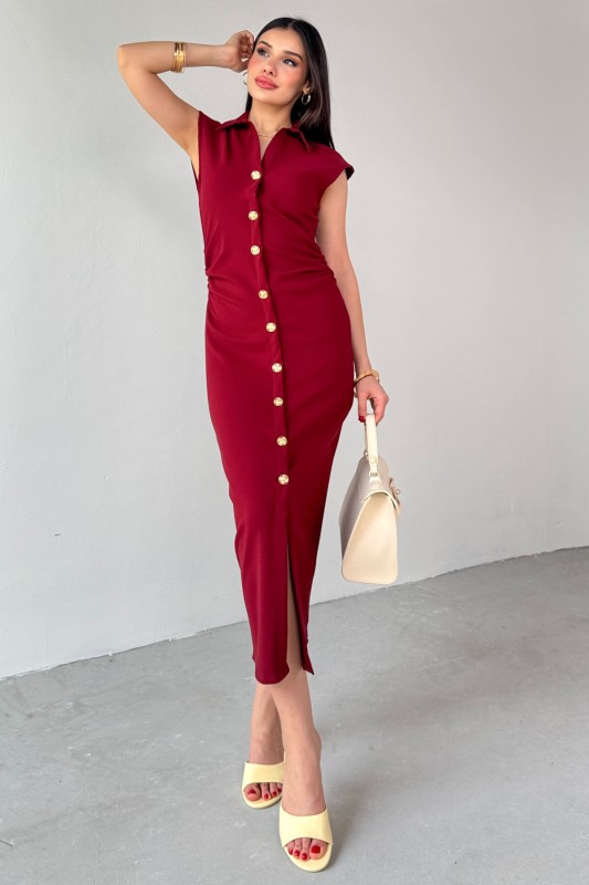 ELB-01772 Bordo Yandan Fermuarlı Gold Düğmeli Elbise