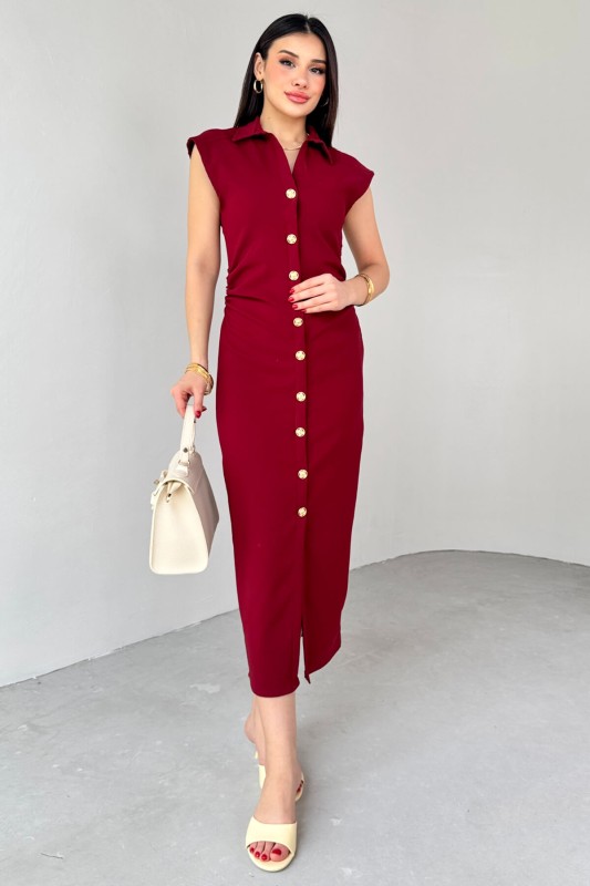 ELB-01772 Bordo Yandan Fermuarlı Gold Düğmeli Elbise