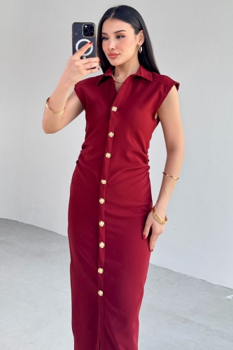 Cappmoda - ELB-01772 Bordo Yandan Fermuarlı Gold Düğmeli Elbise (1)
