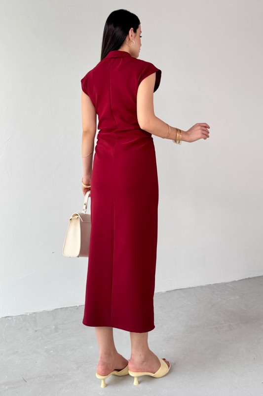 ELB-01772 Bordo Yandan Fermuarlı Gold Düğmeli Elbise