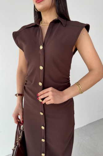 Cappmoda - ELB-01772 Kahverengi Yandan Fermuarlı Gold Düğmeli Elbise (1)