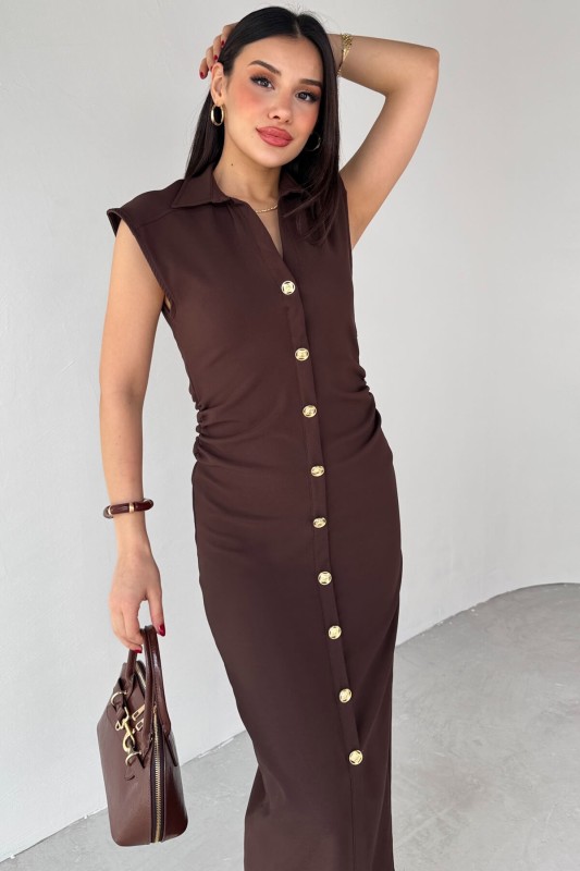 ELB-01772 Kahverengi Yandan Fermuarlı Gold Düğmeli Elbise