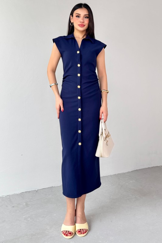 ELB-01772 Lacivert Yandan Fermuarlı Gold Düğmeli Elbise