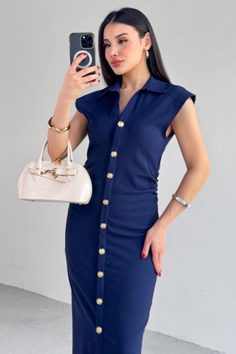 Cappmoda - ELB-01772 Lacivert Yandan Fermuarlı Gold Düğmeli Elbise (1)