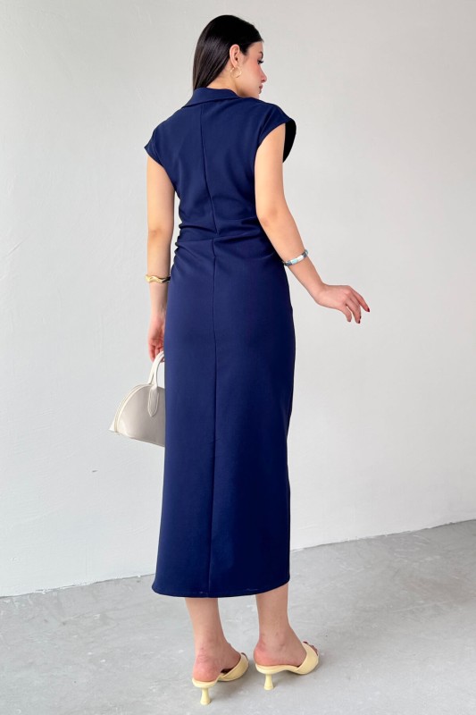 ELB-01772 Lacivert Yandan Fermuarlı Gold Düğmeli Elbise