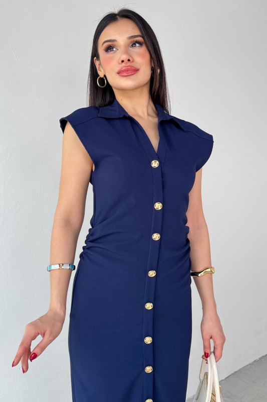 ELB-01772 Lacivert Yandan Fermuarlı Gold Düğmeli Elbise