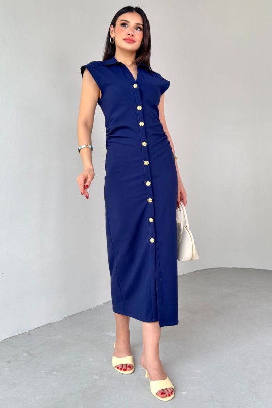 ELB-01772 Lacivert Yandan Fermuarlı Gold Düğmeli Elbise