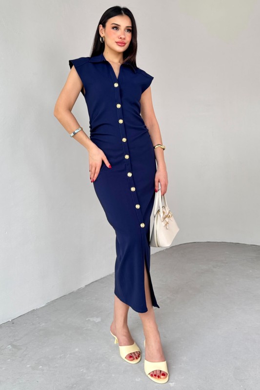 ELB-01772 Lacivert Yandan Fermuarlı Gold Düğmeli Elbise