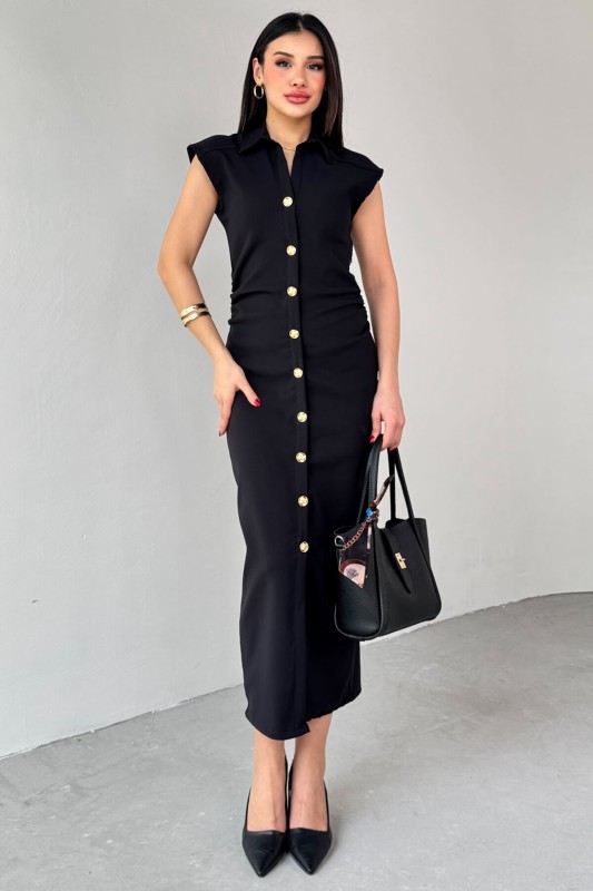 ELB-01772 Siyah Yandan Fermuarlı Gold Düğmeli Elbise