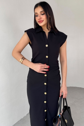Cappmoda - ELB-01772 Siyah Yandan Fermuarlı Gold Düğmeli Elbise (1)