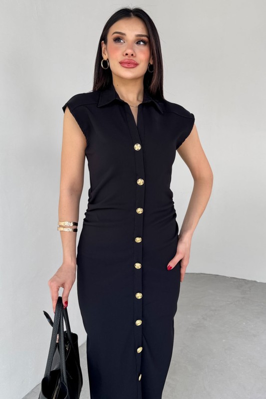ELB-01772 Siyah Yandan Fermuarlı Gold Düğmeli Elbise