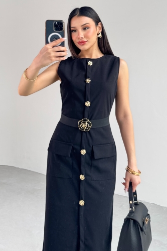 Cappmoda - ELB-01773 Siyah Gold Düğmeli Kemer Detaylı Yuvarlak Yaka Elbise (1)