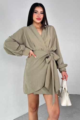 Cappmoda - ELB-01777 Haki Kruvaze Yaka Önden Bağlamalı Elbise (1)