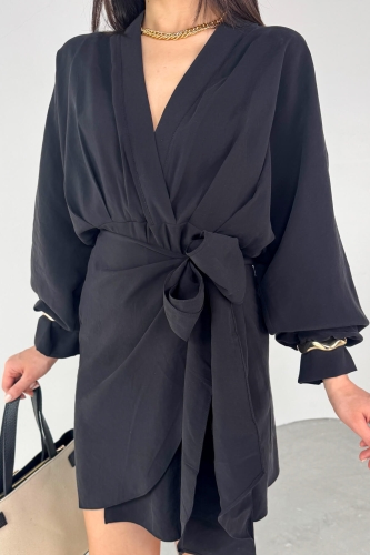 Cappmoda - ELB-01777 Siyah Kruvaze Yaka Önden Bağlamalı Elbise (1)
