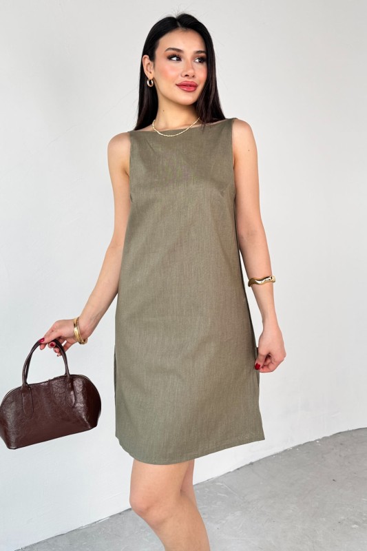ELB-01779 Haki Keten Sırt Dekolteli Mini Elbise - 1