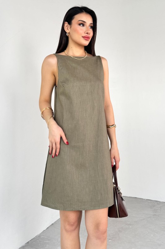 ELB-01779 Haki Keten Sırt Dekolteli Mini Elbise - 2