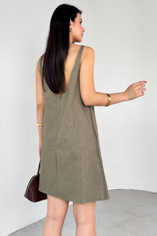 ELB-01779 Haki Keten Sırt Dekolteli Mini Elbise - 4