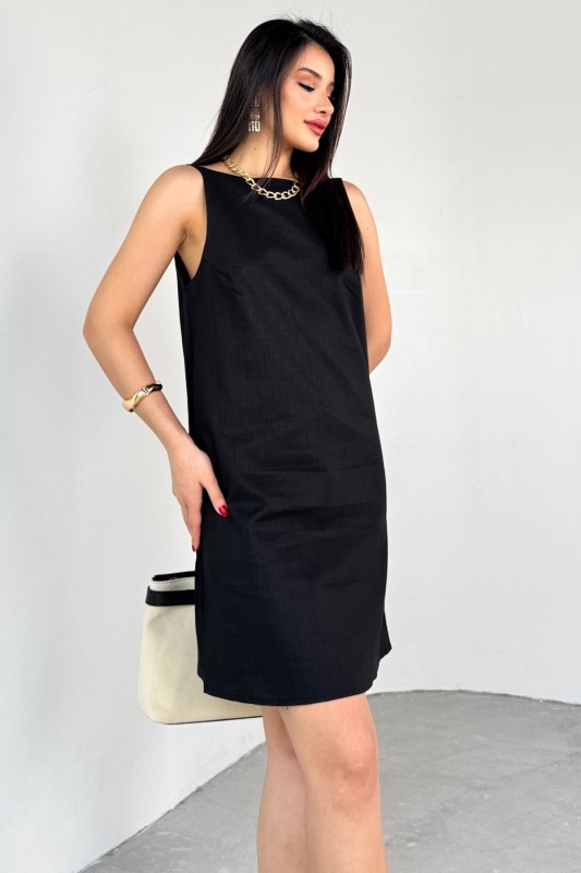 ELB-01779 Siyah Keten Sırt Dekolteli Mini Elbise - 3