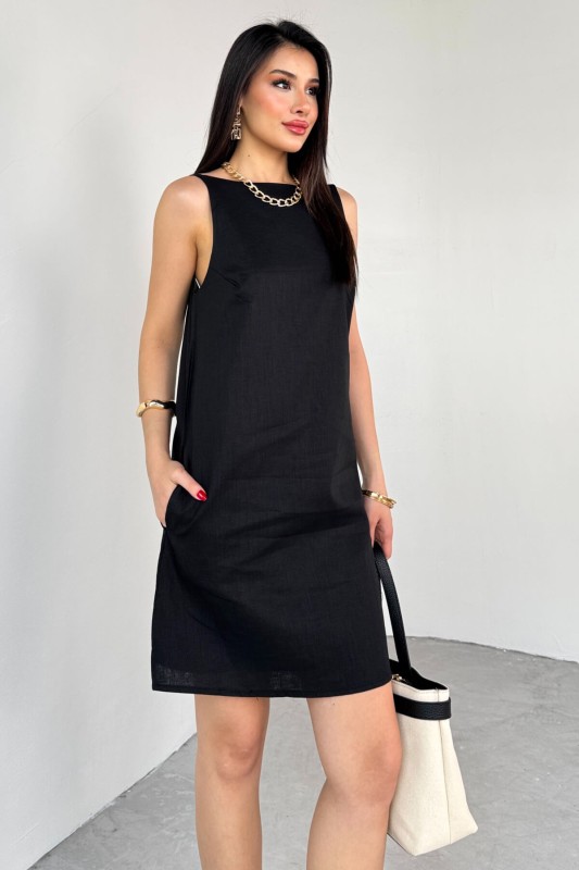 ELB-01779 Siyah Keten Sırt Dekolteli Mini Elbise - 4