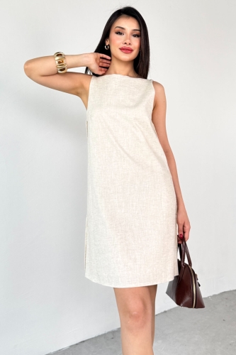 ELB-01779 Taş Rengi Keten Sırt Dekolteli Mini Elbise 